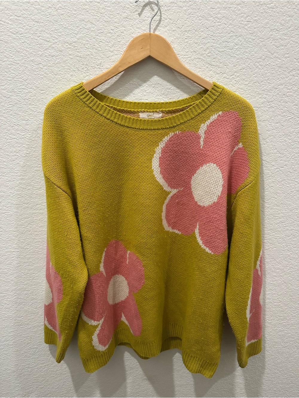 easel Olive Green & Pink Floral Crewneck Sweater